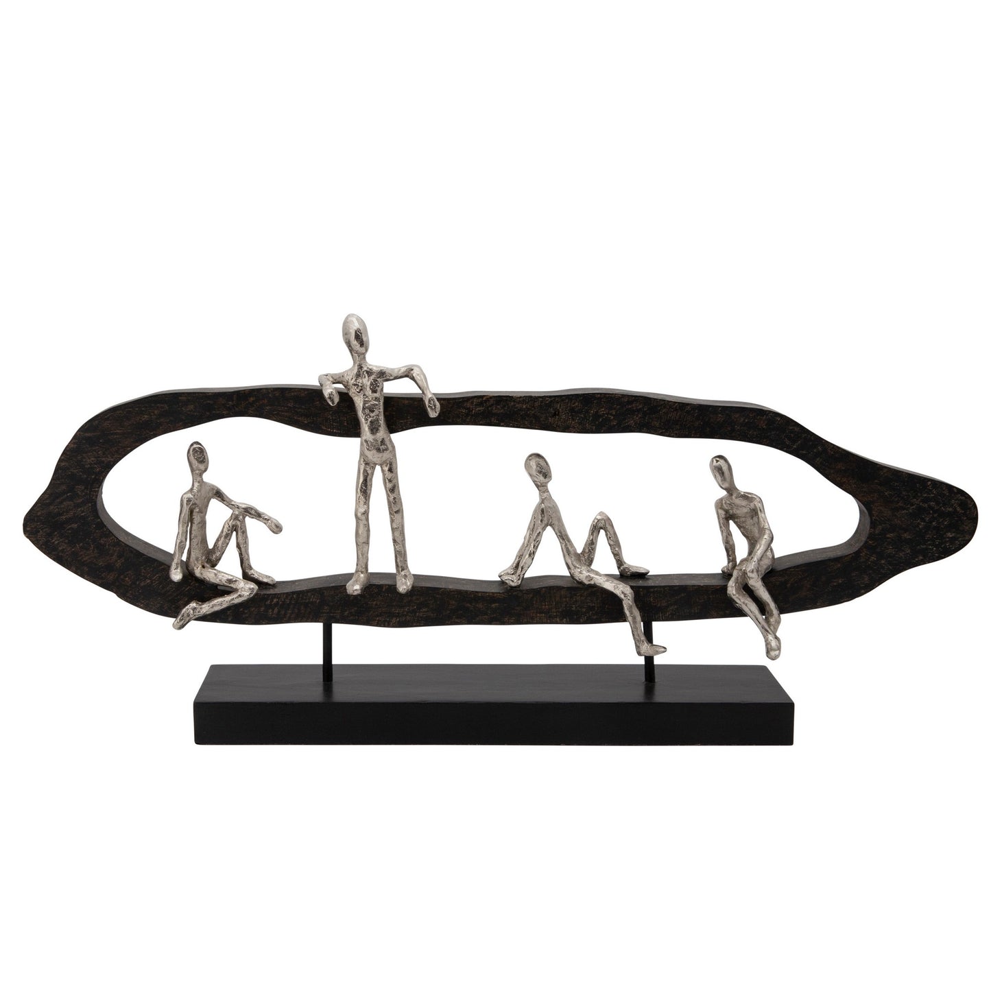 30 Inch 4 Men Hanging Out Accent Decor, Black Wood Silver Accented Metal