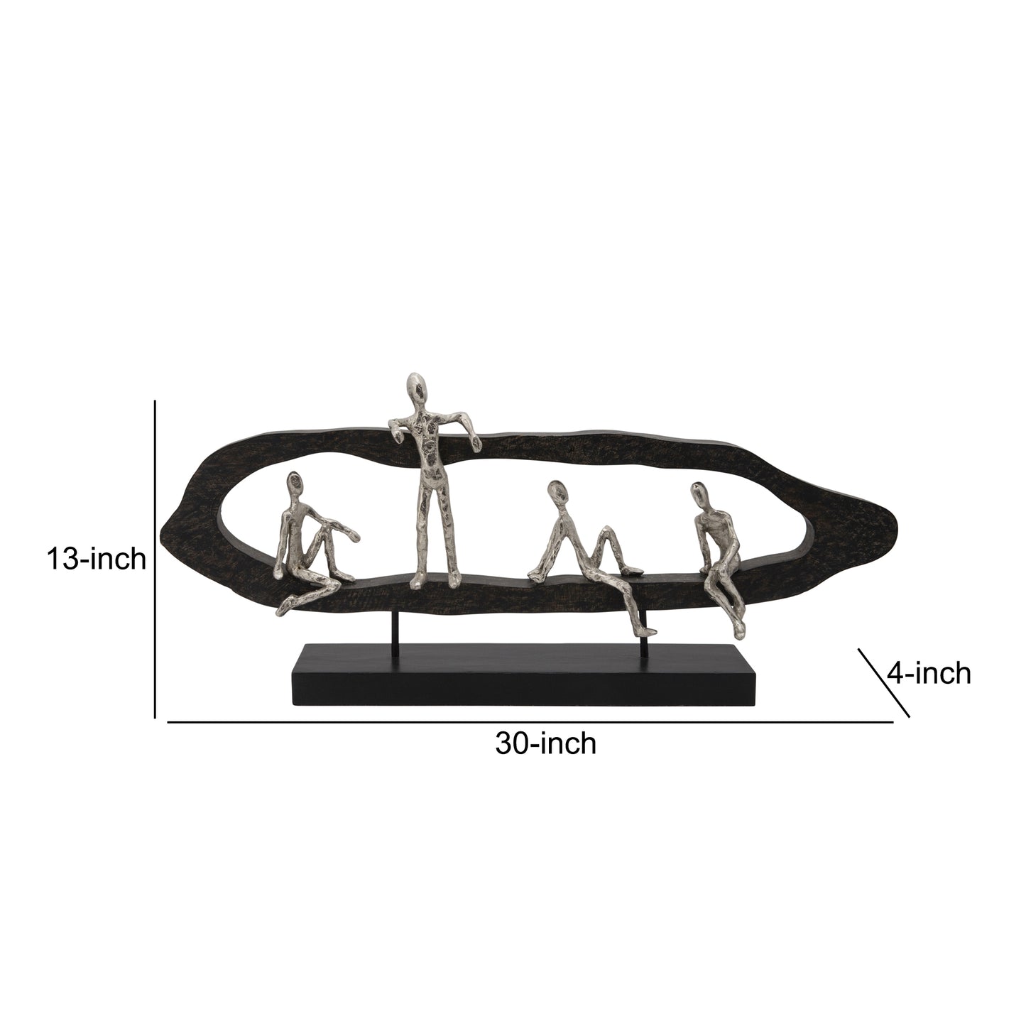 30 Inch 4 Men Hanging Out Accent Decor, Black Wood Silver Accented Metal