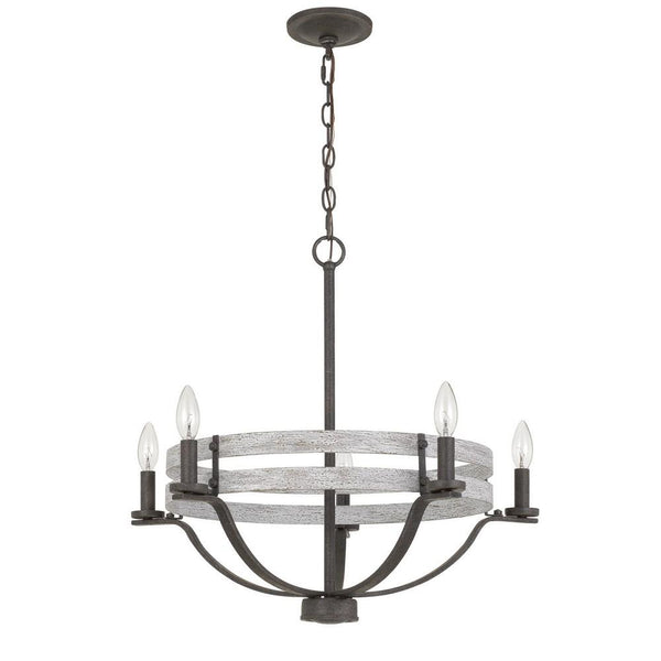 Metal Chandelier With Wooden Round Frame Support Black And Gray