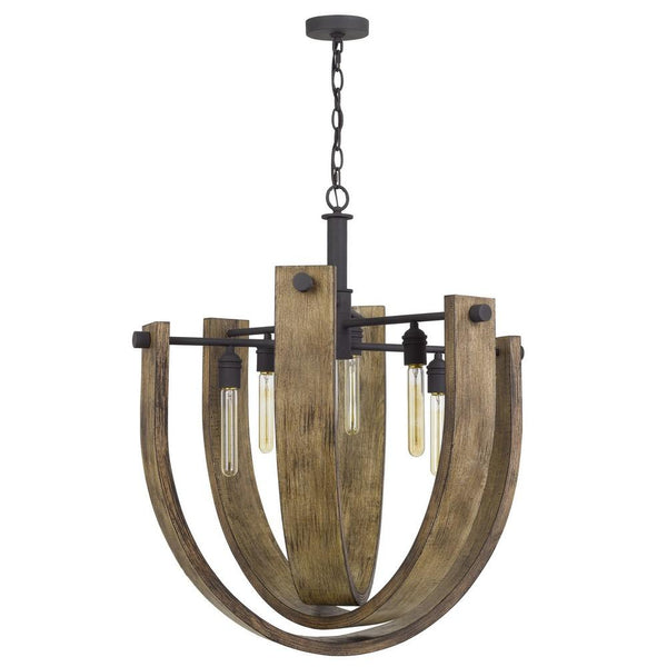 Gyroscopic Design Wooden Chandelier With Metal Support Brown