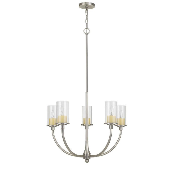 Metal Chandelier With 5 Cylindrical Glass Shades Silver