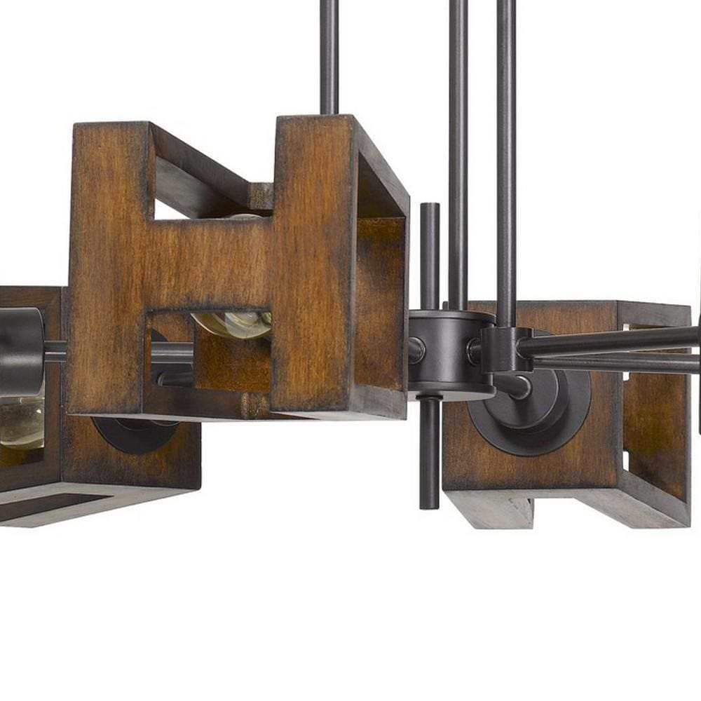 6 Bulb Chandelier With H Shaped Wooden Shades Brown
