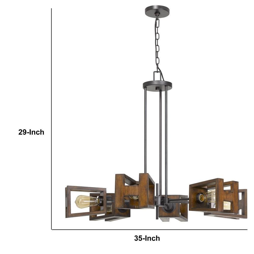6 Bulb Chandelier With H Shaped Wooden Shades Brown