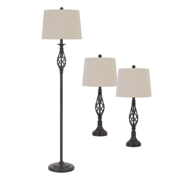Twisted Cage Design Metal Floor Lamp With 2 Table Lamps Bronze