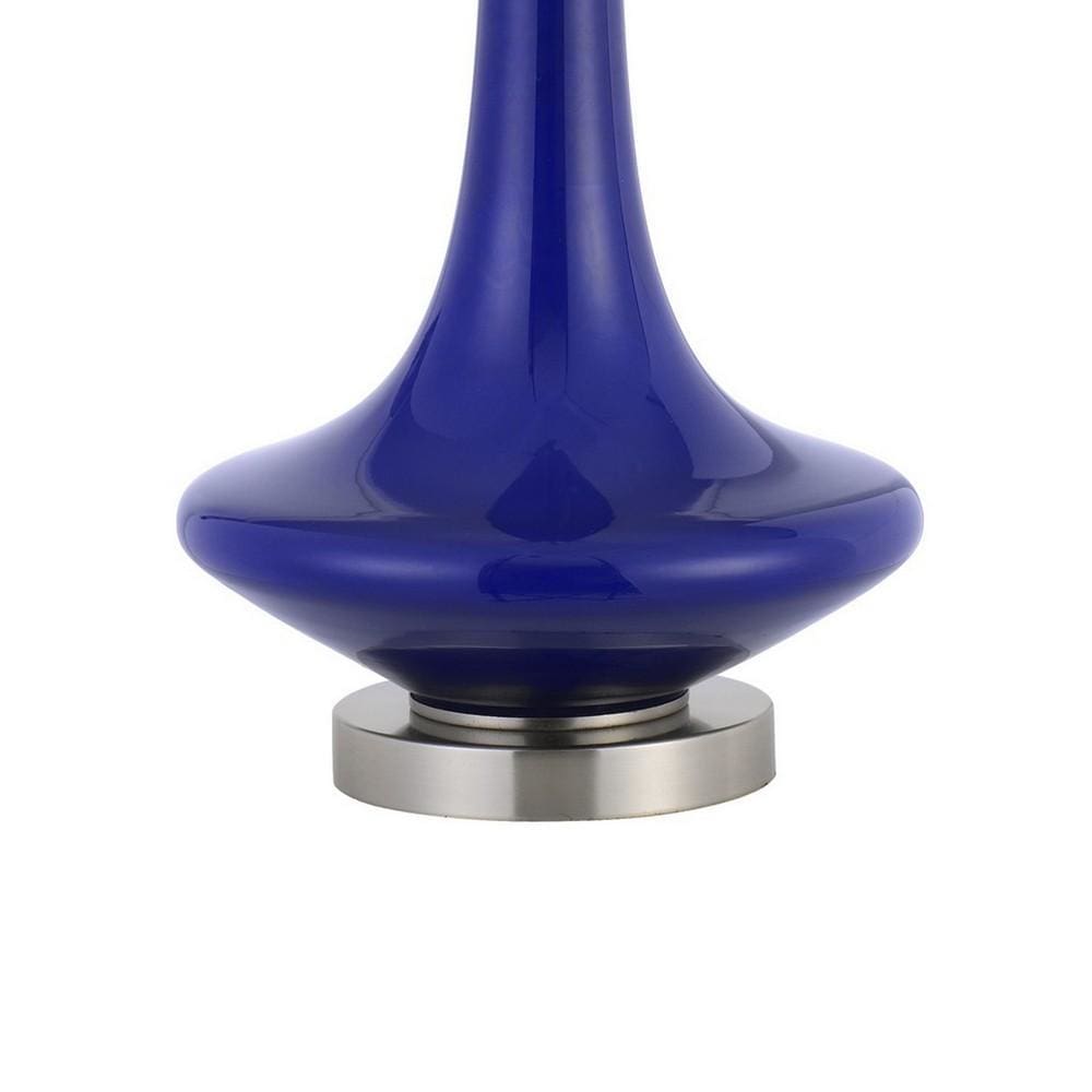 26 Inch Curved Bellied Base Glass Table Lamp Fabric Shade Set of 2 Blue