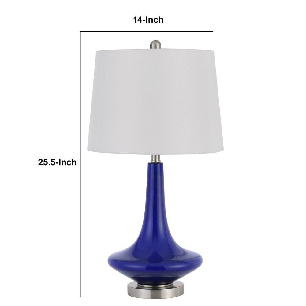 26 Inch Curved Bellied Base Glass Table Lamp Fabric Shade Set of 2 Blue