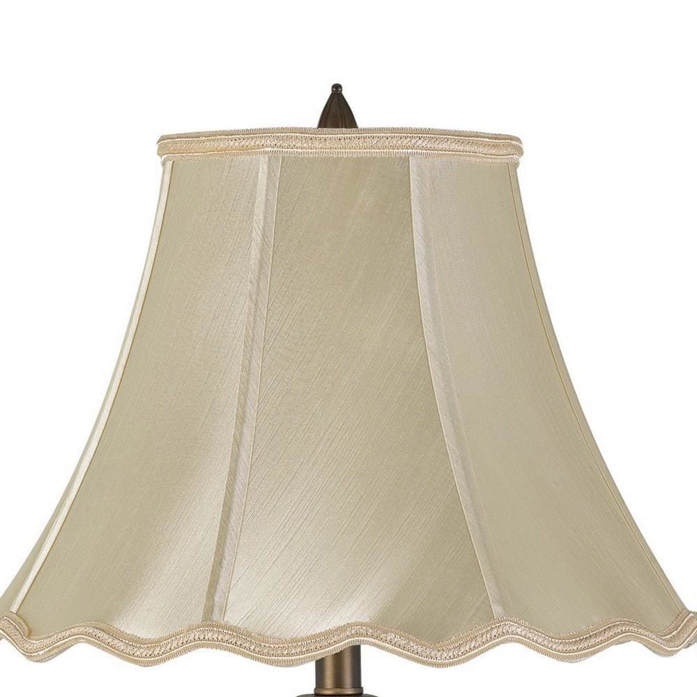 Turned Pedestal Stand Metal Table Lamp with Scalloped Shade Antique Brass