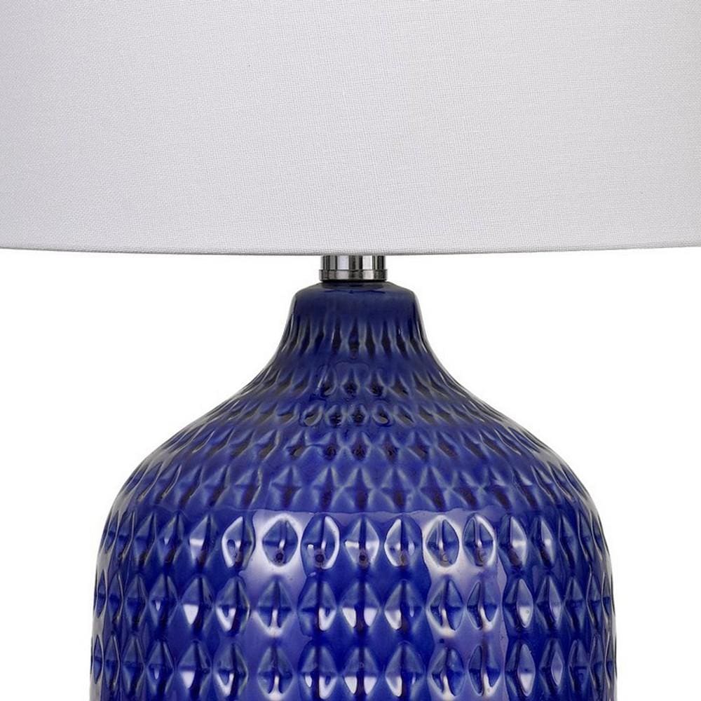 150 Watt Ceramic Table Lamp with Linen Hardback Shade White and Blue