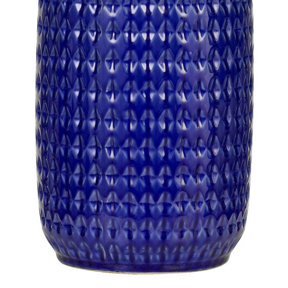 150 Watt Ceramic Table Lamp with Linen Hardback Shade White and Blue