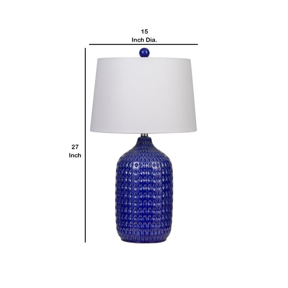 150 Watt Ceramic Table Lamp with Linen Hardback Shade White and Blue