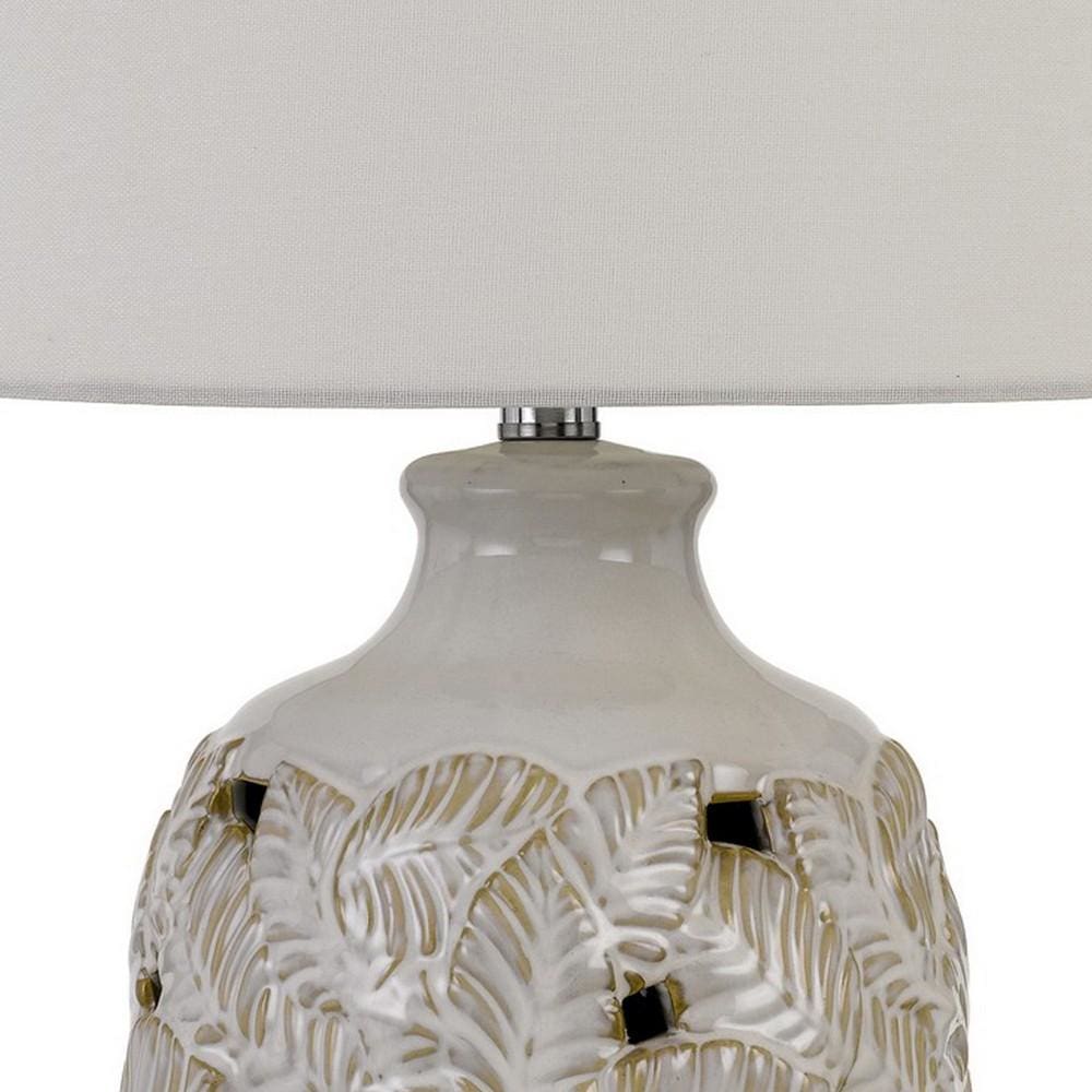 150 Watt Leaf Engraved Ceramic Base Table Lamp Off White