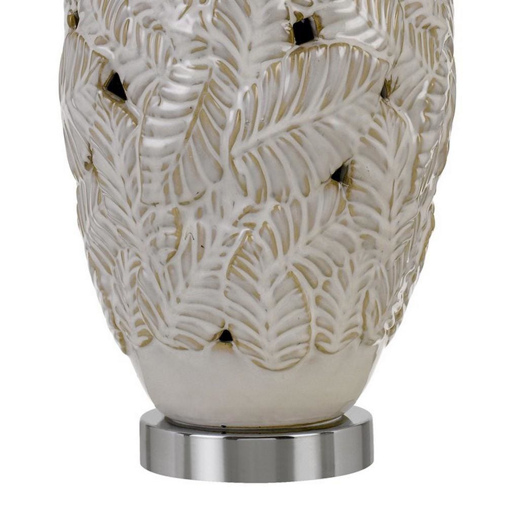 150 Watt Leaf Engraved Ceramic Base Table Lamp Off White