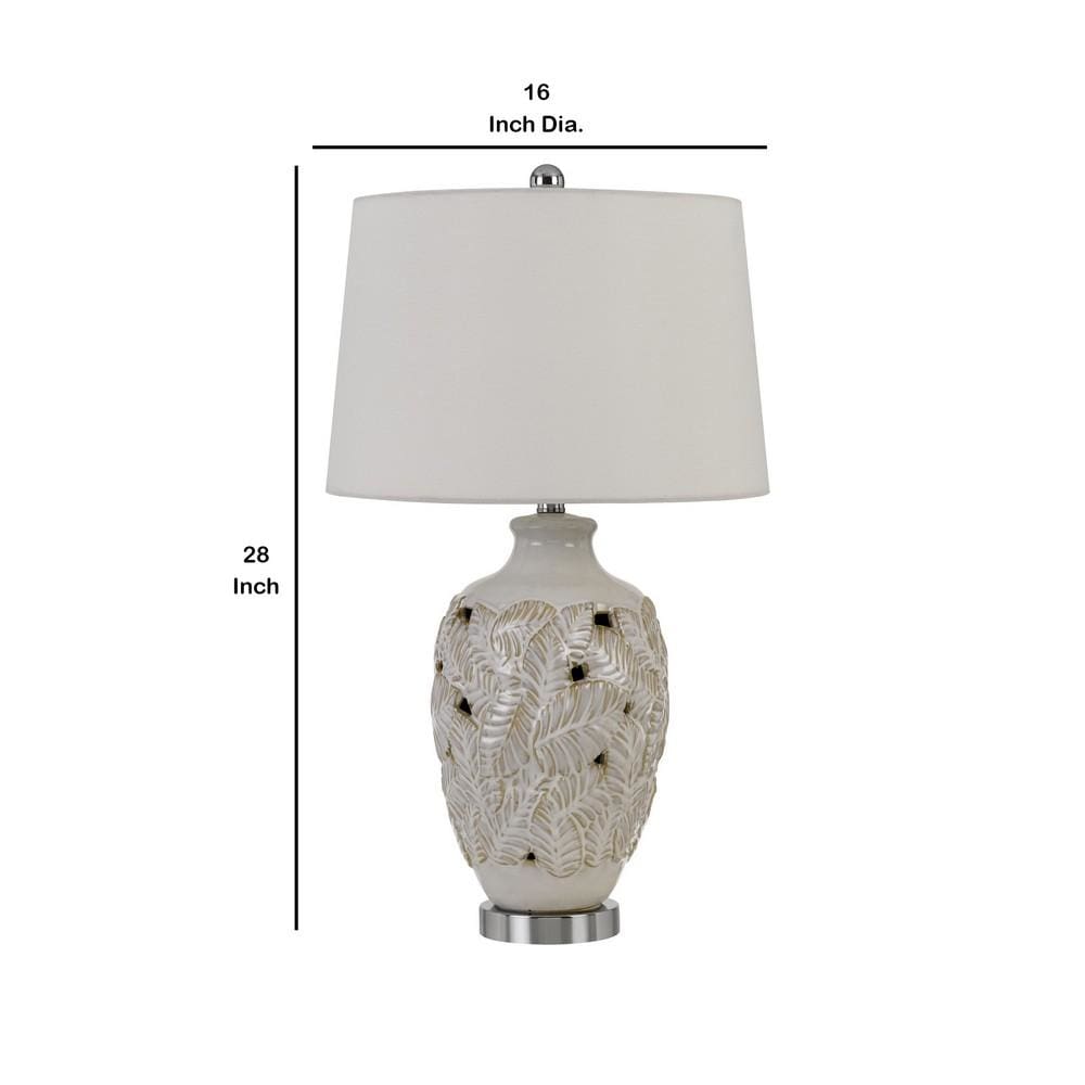 150 Watt Leaf Engraved Ceramic Base Table Lamp Off White