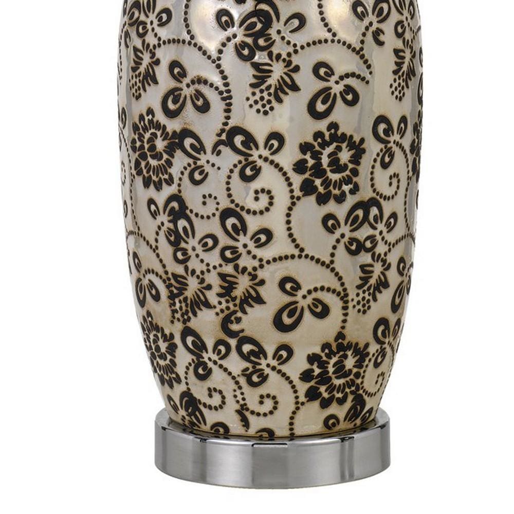 150 Watt Leaf Engraved Ceramic Base Table Lamp Silver and Black