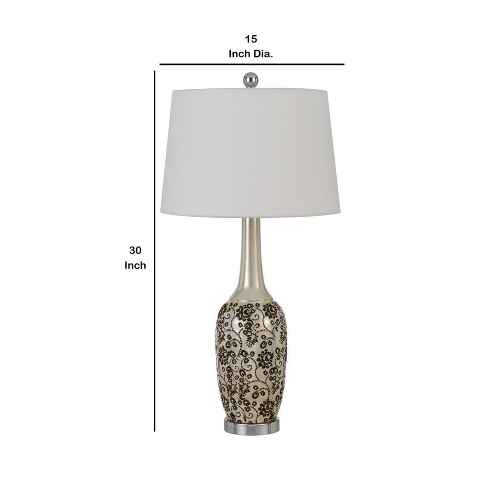 150 Watt Leaf Engraved Ceramic Base Table Lamp Silver and Black