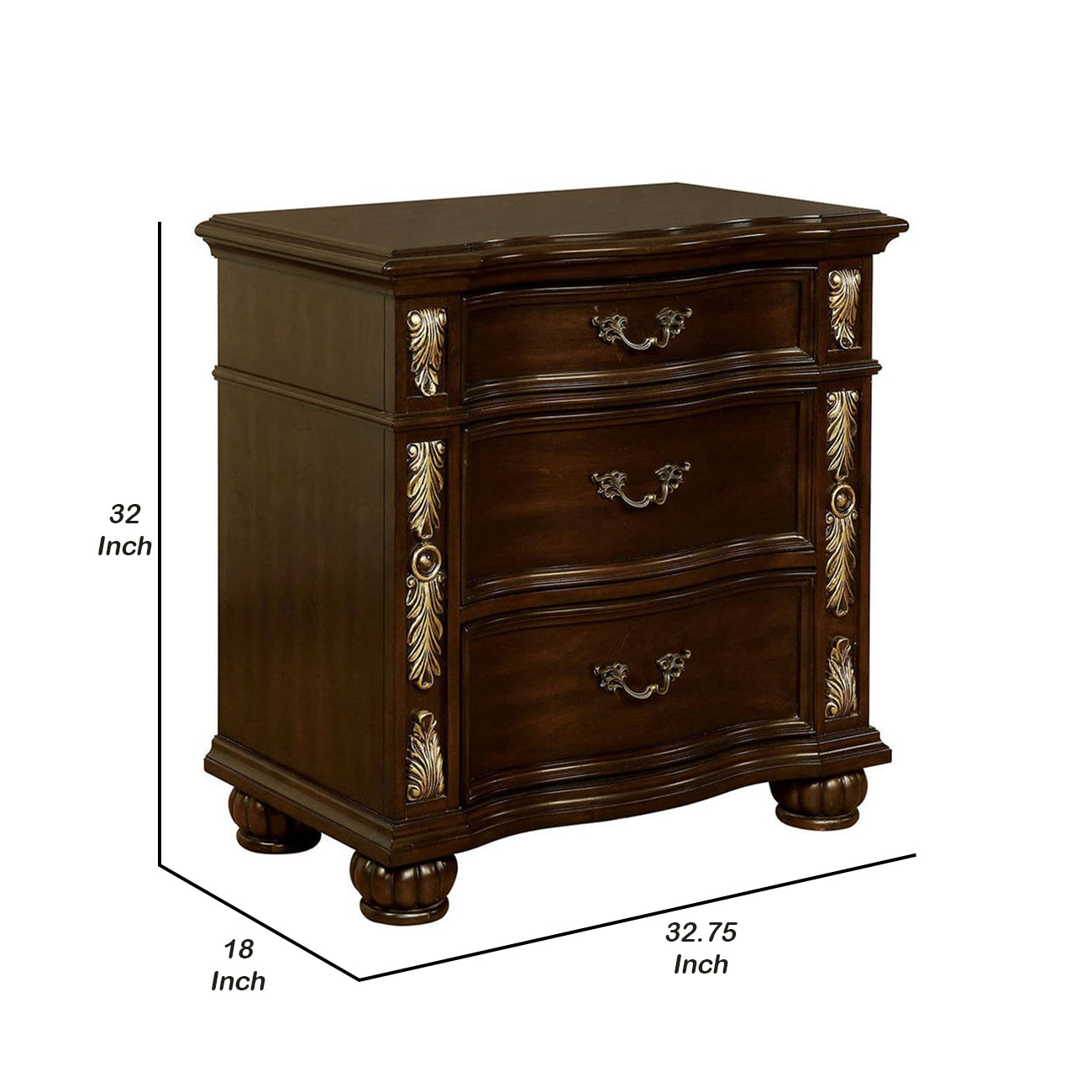 3 Drawer Wooden Nightstand With Decorative Accent And USB Plugin Brown