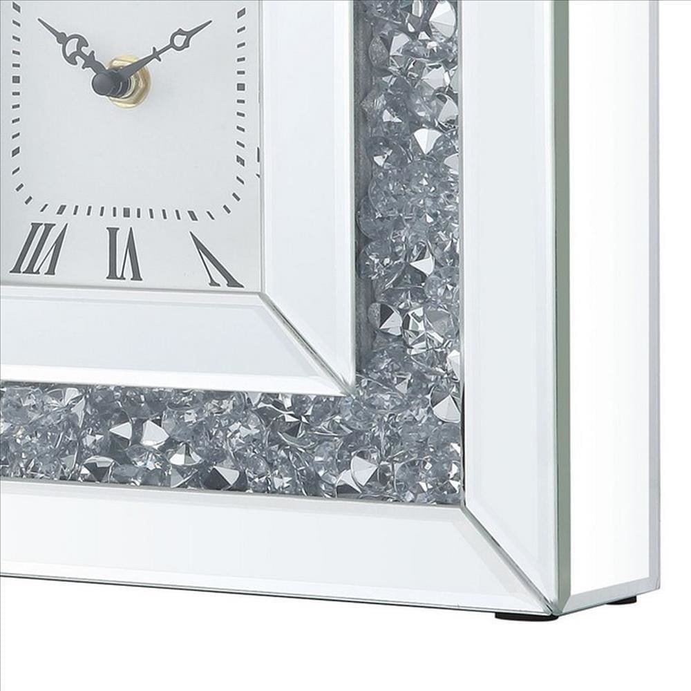 Square Mirrored Accent Clock With Faux Diamond Inlays Silver