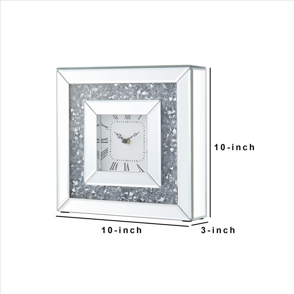 Square Mirrored Accent Clock With Faux Diamond Inlays Silver