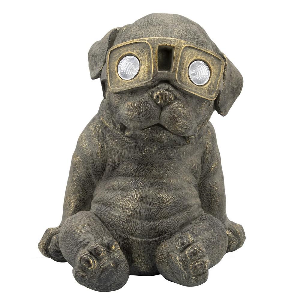 15 Inches Resin Slouching Dog Accent Decor With Solar Glasses Antique Gold