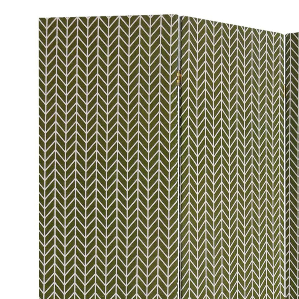 71 Inch 3 Panel Wood Room Divider, Herringbone Print, Fabric, White, Green