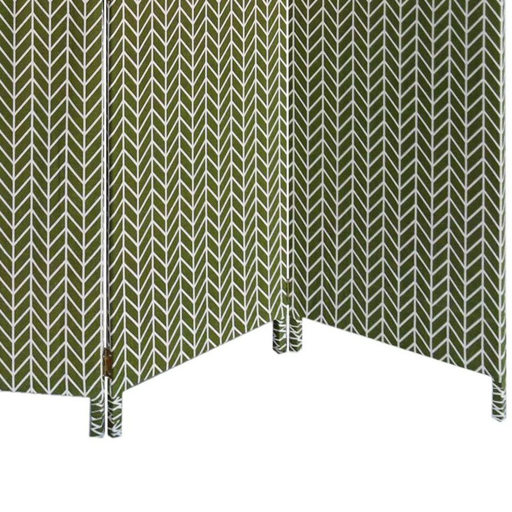 71 Inch 3 Panel Wood Room Divider, Herringbone Print, Fabric, White, Green