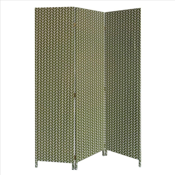 71 Inch 3 Panel Wood Room Divider, Herringbone Print, Fabric, White, Green