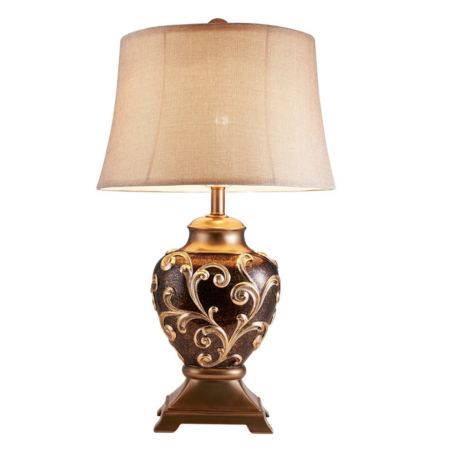 Table Lamp with Filigree Accent Base and Fabric Shade Brown