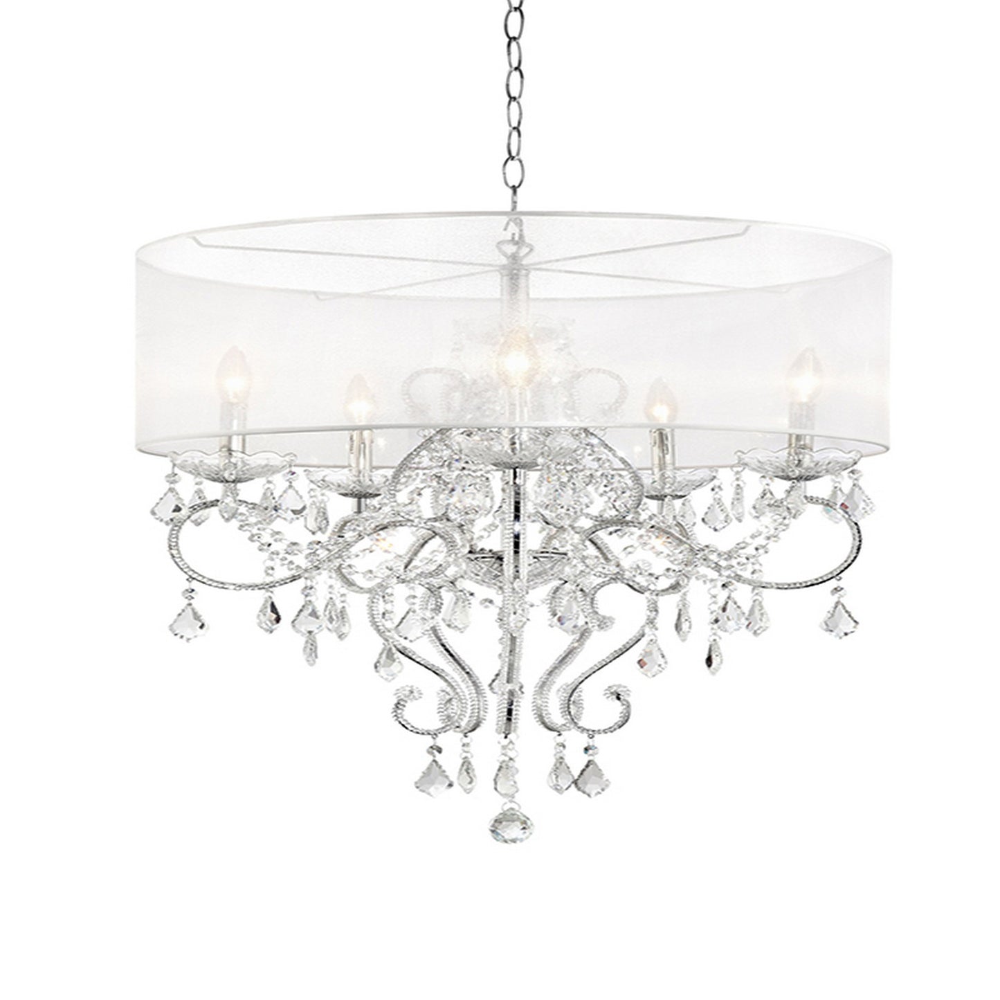 32 Inch Ceiling Lamp with Hanging Crystals Round Canopy Silver