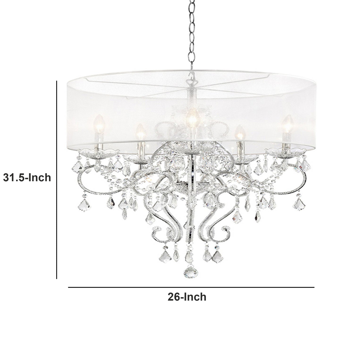 32 Inch Ceiling Lamp with Hanging Crystals Round Canopy Silver