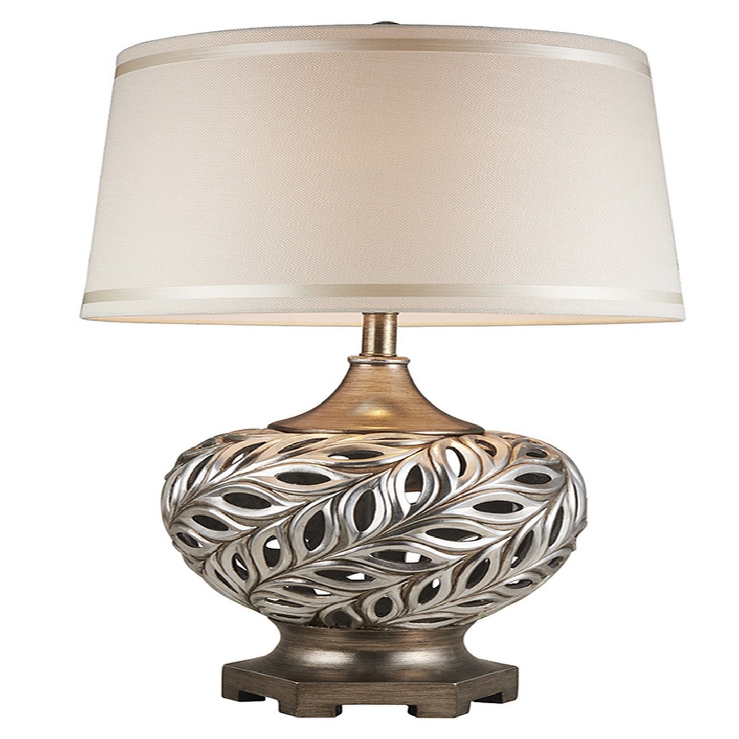 Table Lamp with Scrolled Peacock Feather Cutout Base Silver