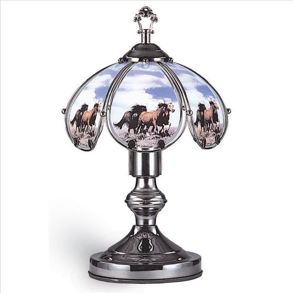 14.25'' Umbrella Shade Glass Table Lamp with Running Horses Print Silver