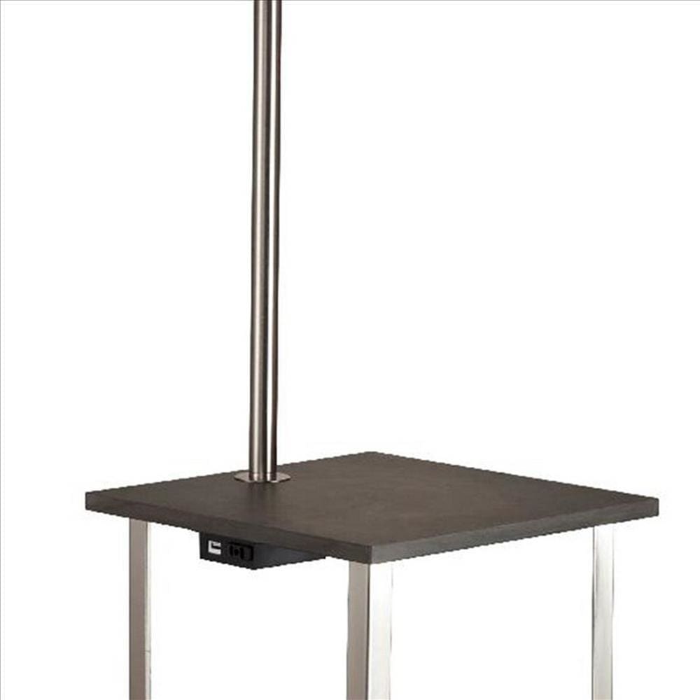 2 Shelf Wooden Side Table With Attached Floor Lamp Silver And Brown