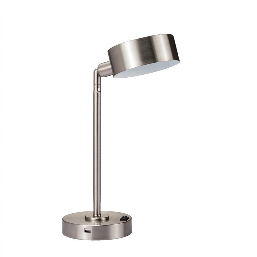 Adjustable Round Shade Metal LED Table Lamp with USB Plugin Silver