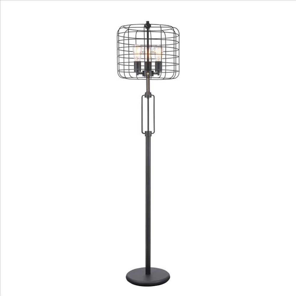 Cage Design Shade Metal Floor Lamp With Pull Chain Switch Black
