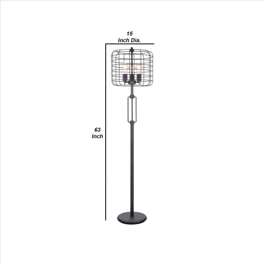 Cage Design Shade Metal Floor Lamp With Pull Chain Switch Black