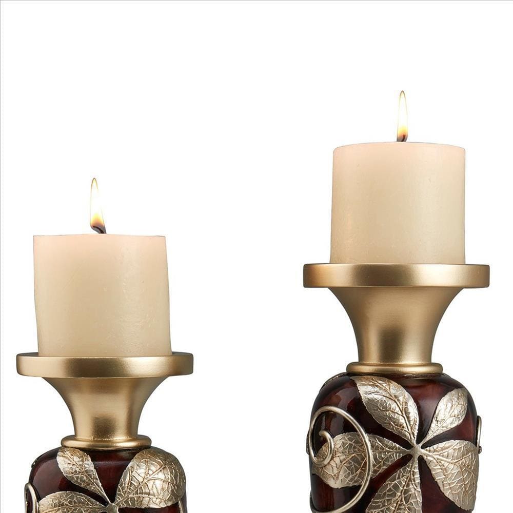 Candleholder With Urn Shaped Body And Foliage Pattern Set Of 2 Brown