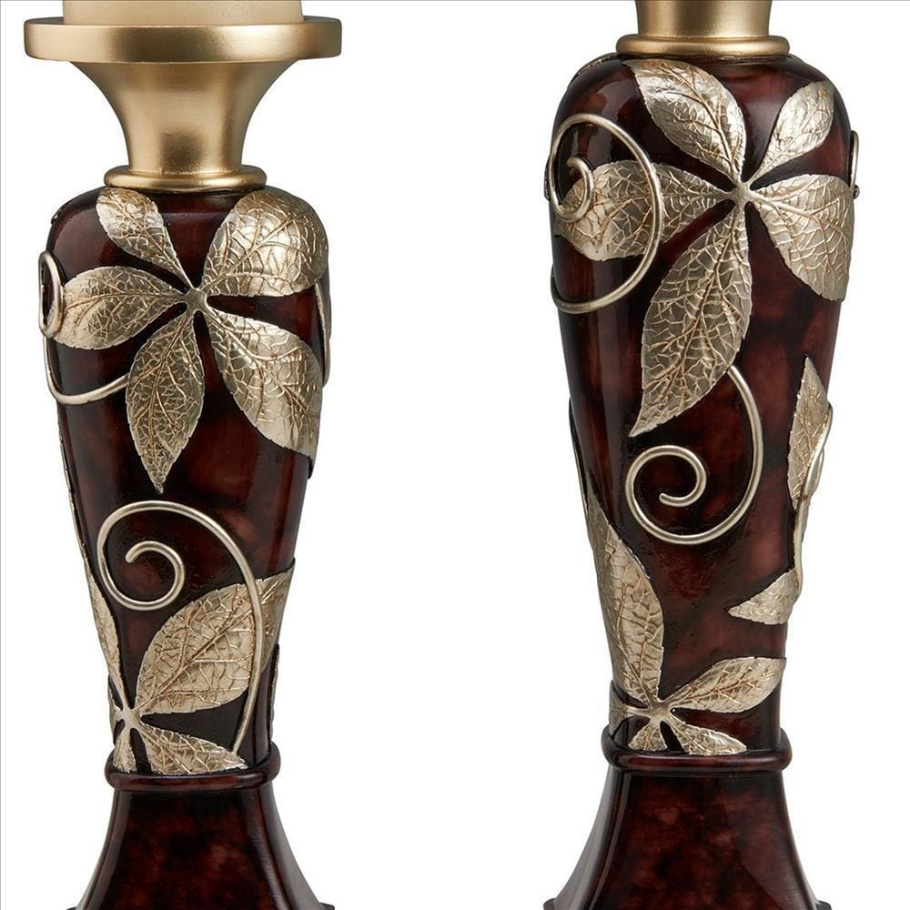 Candleholder With Urn Shaped Body And Foliage Pattern Set Of 2 Brown