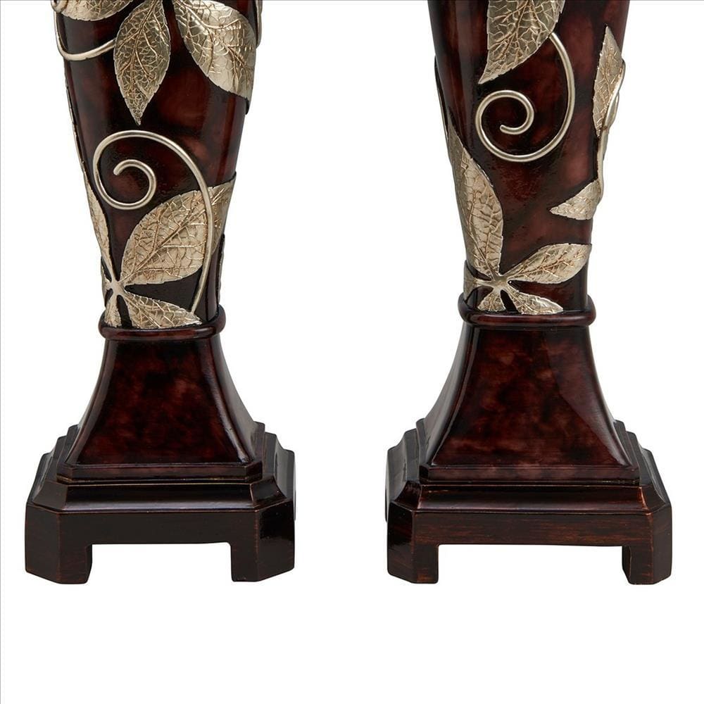 Candleholder With Urn Shaped Body And Foliage Pattern Set Of 2 Brown