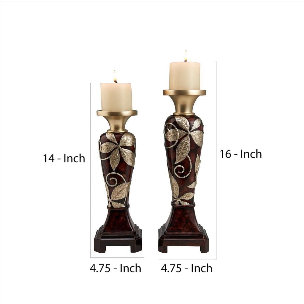 Candleholder With Urn Shaped Body And Foliage Pattern Set Of 2 Brown
