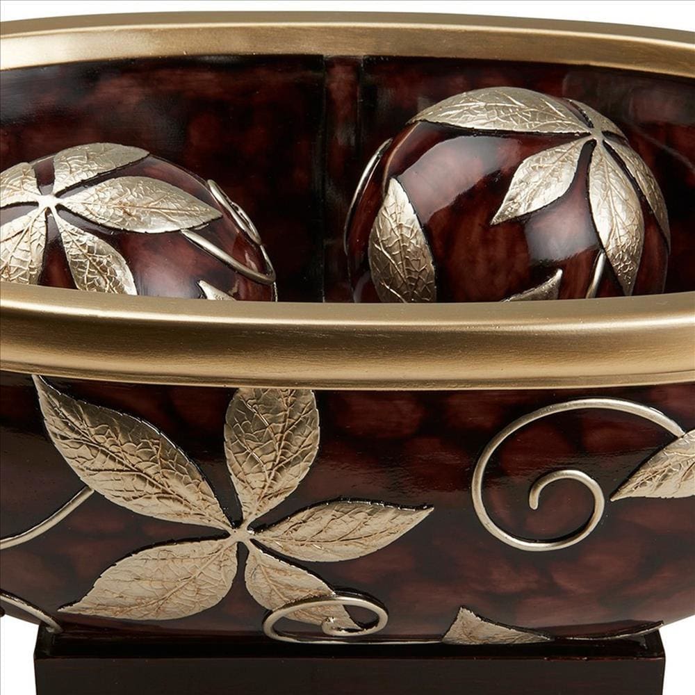 Decorative Bowl With Obround Shape And 2 Spheres Brown