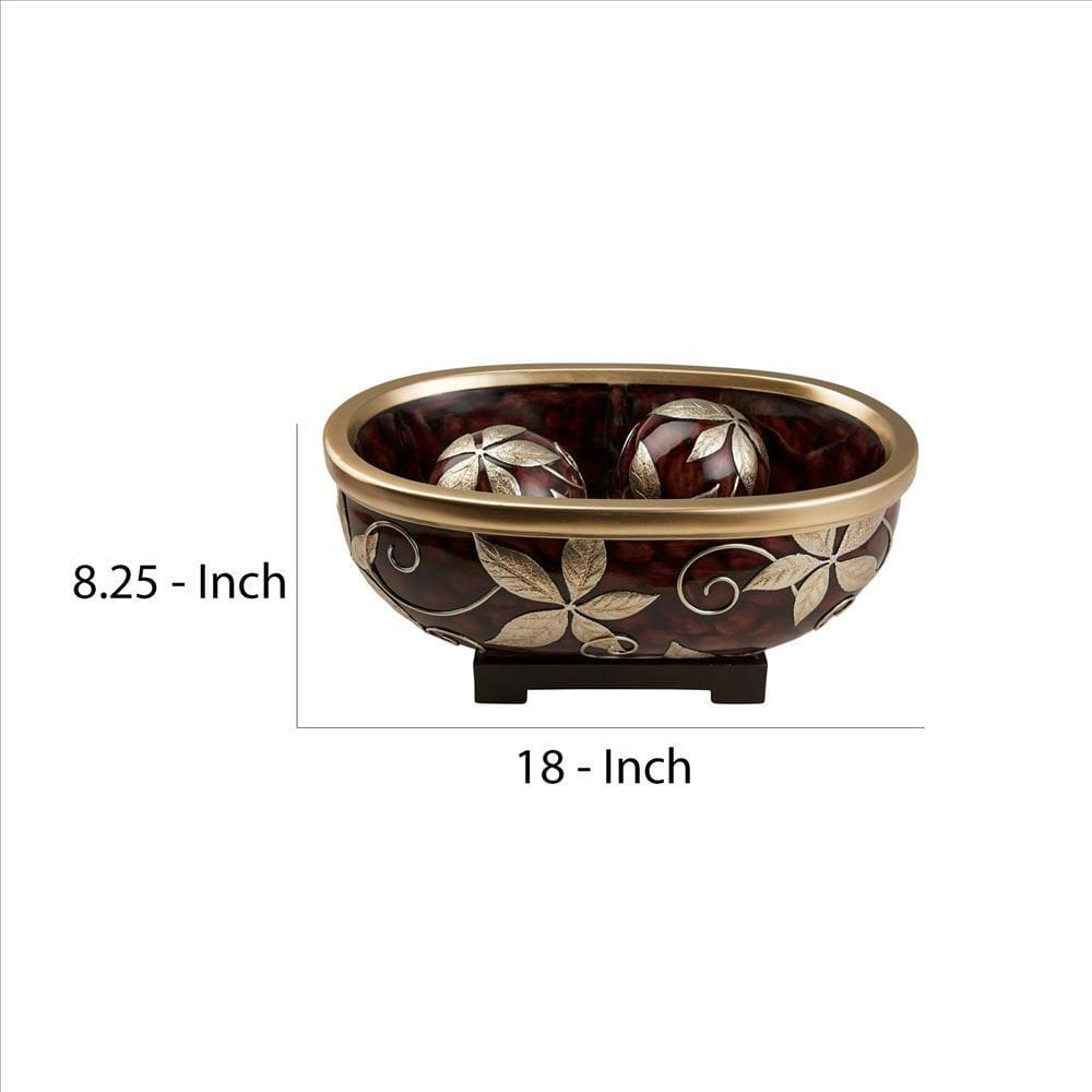 Decorative Bowl With Obround Shape And 2 Spheres Brown