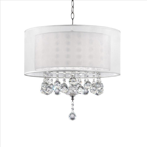 Dual Fabric Shade Ceiling Lamp with Hanging Crystal Accent Clear