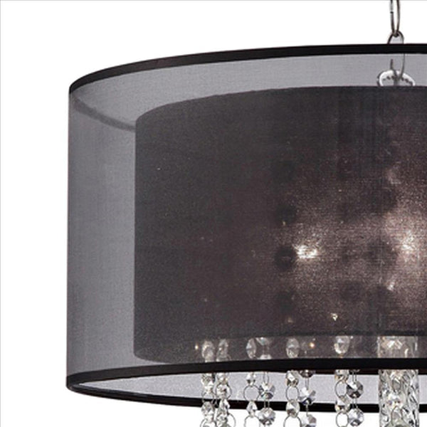Dual Fabric Shade Ceiling Lamp with Hanging Crystal Accent Clear and Black