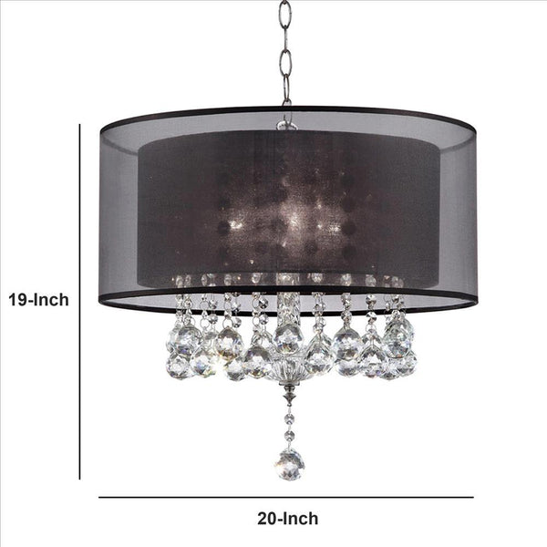 Dual Fabric Shade Ceiling Lamp with Hanging Crystal Accent Clear and Black