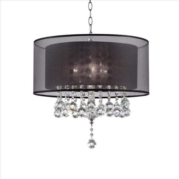 Dual Fabric Shade Ceiling Lamp with Hanging Crystal Accent Clear and Black