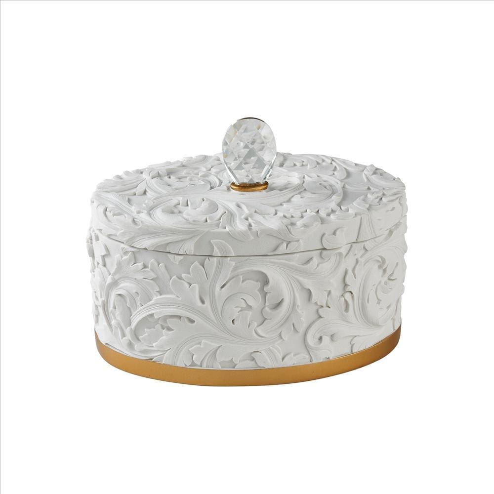 Jewelry Box with Baroque Scroll Design and Crystal Accent White