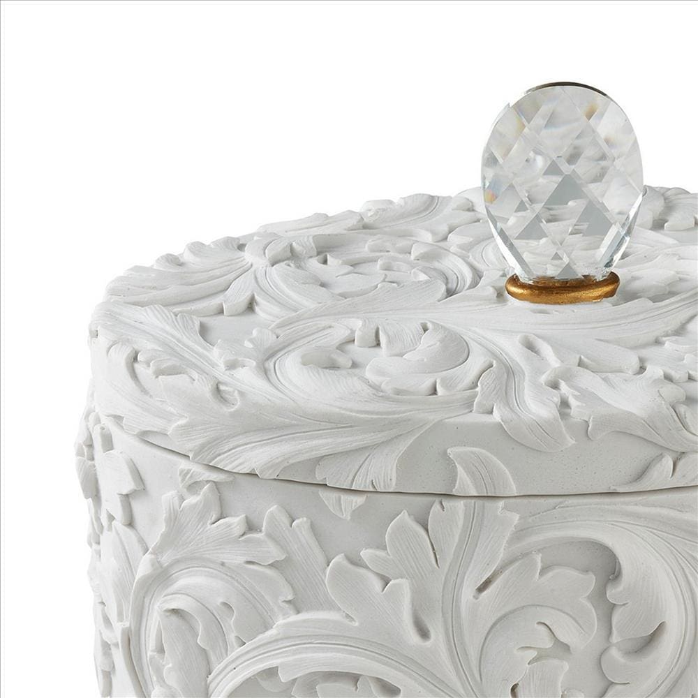 Jewelry Box with Baroque Scroll Design and Crystal Accent White