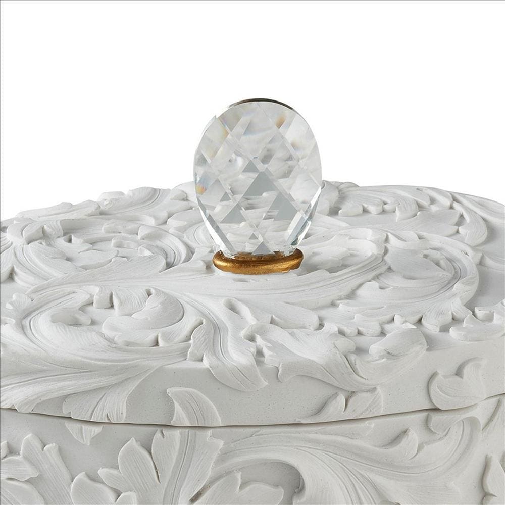 Jewelry Box with Baroque Scroll Design and Crystal Accent White