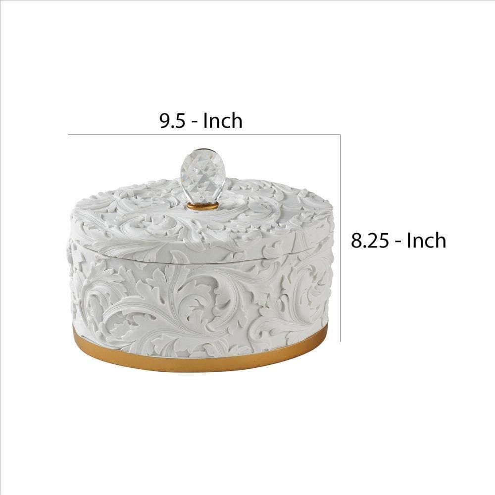 Jewelry Box with Baroque Scroll Design and Crystal Accent White