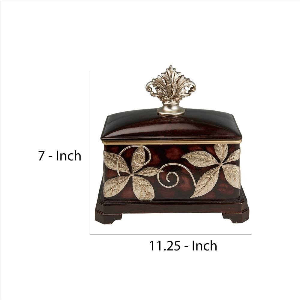 Jewelry Box with Foliage Pattern and Lid Brown